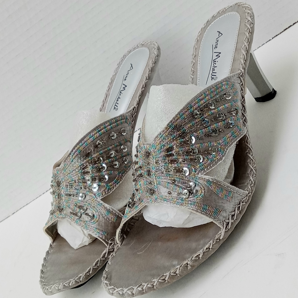Anne Michelle Beaded Butterfly Party Shoes Heeled Sandal Slides
